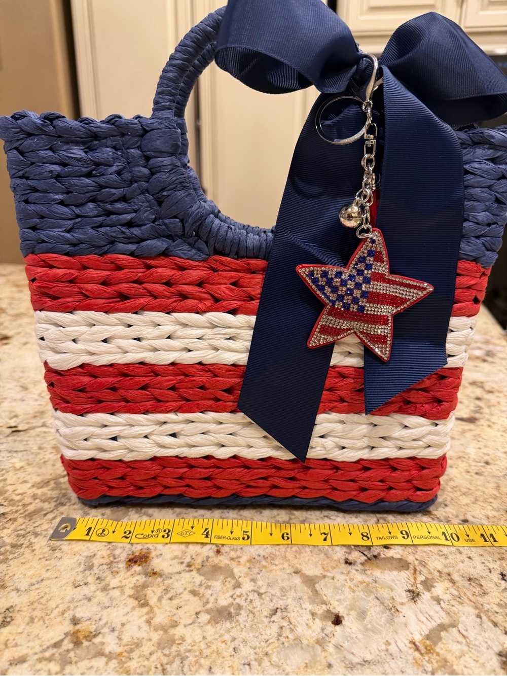 Alessia Red, White & Blue Woven Tote Bag w/Navy Bow & Rhinestone star bag charm - Picture 4 of 6